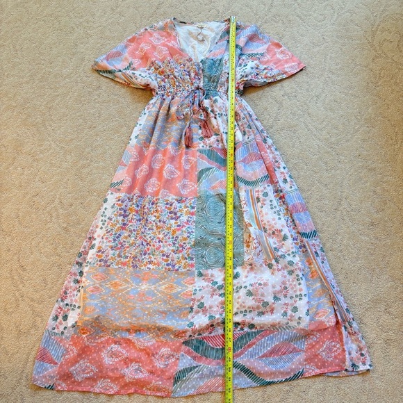 World Market Mira Dobby Patchwork Kaftan Dress Pastel Boho S/M Pastel resort EUC - Picture 11 of 11